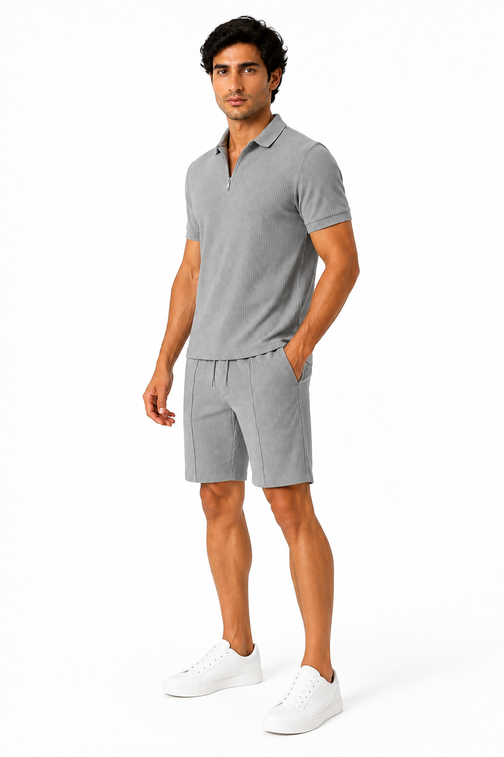Men's Polo Shorts Set Waffle Knit Half Zip | Glitz & Fashion