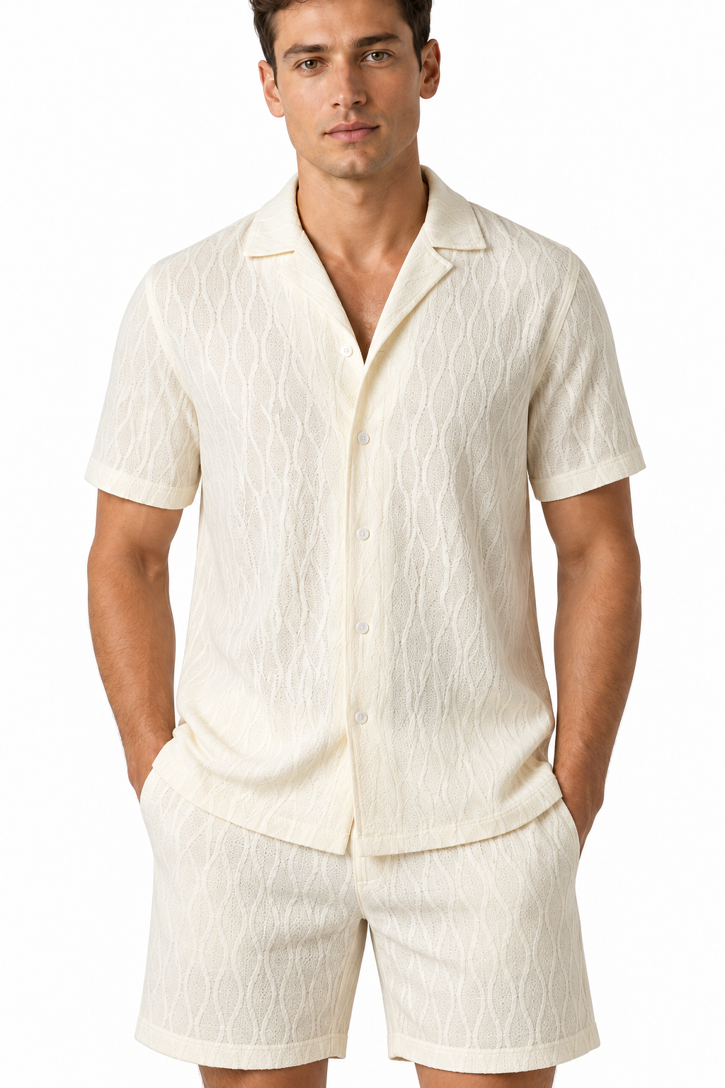 Men's Shorts Set Textured Fabric Camp Collar | Glitz & Fashion