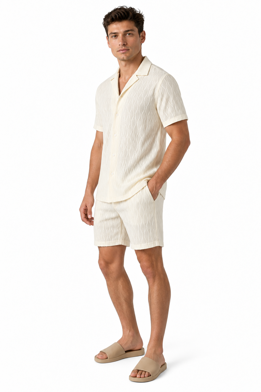 Men's Shorts Set Textured Fabric Camp Collar | Glitz & Fashion