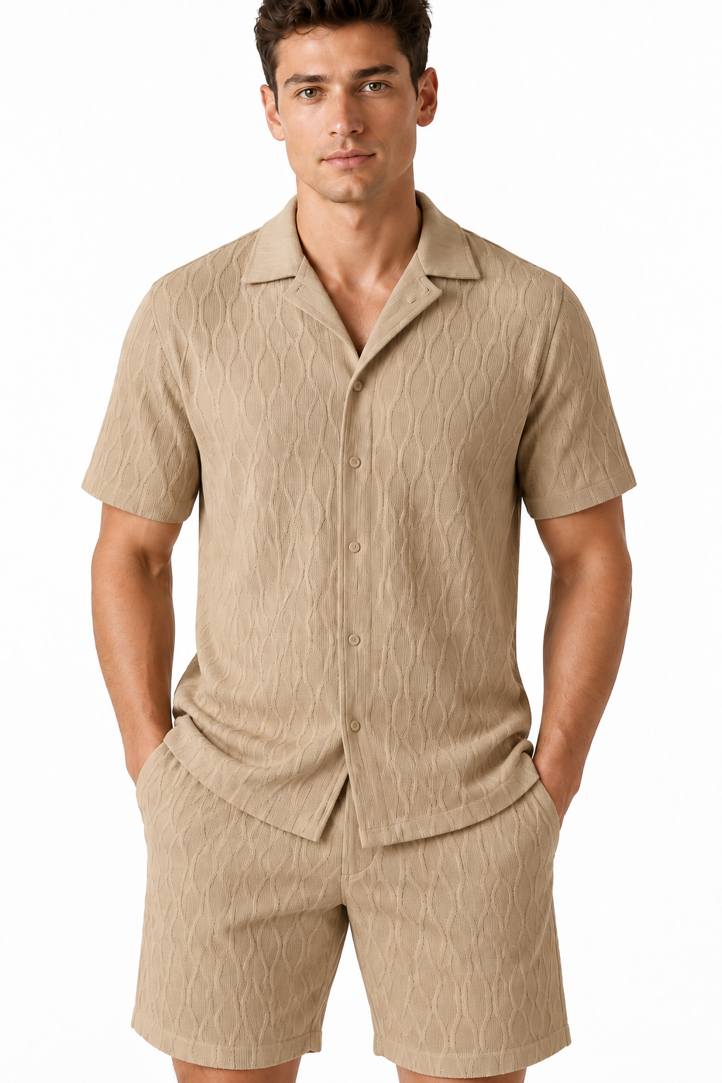 Men's Shorts Set Textured Fabric Camp Collar | Glitz & Fashion