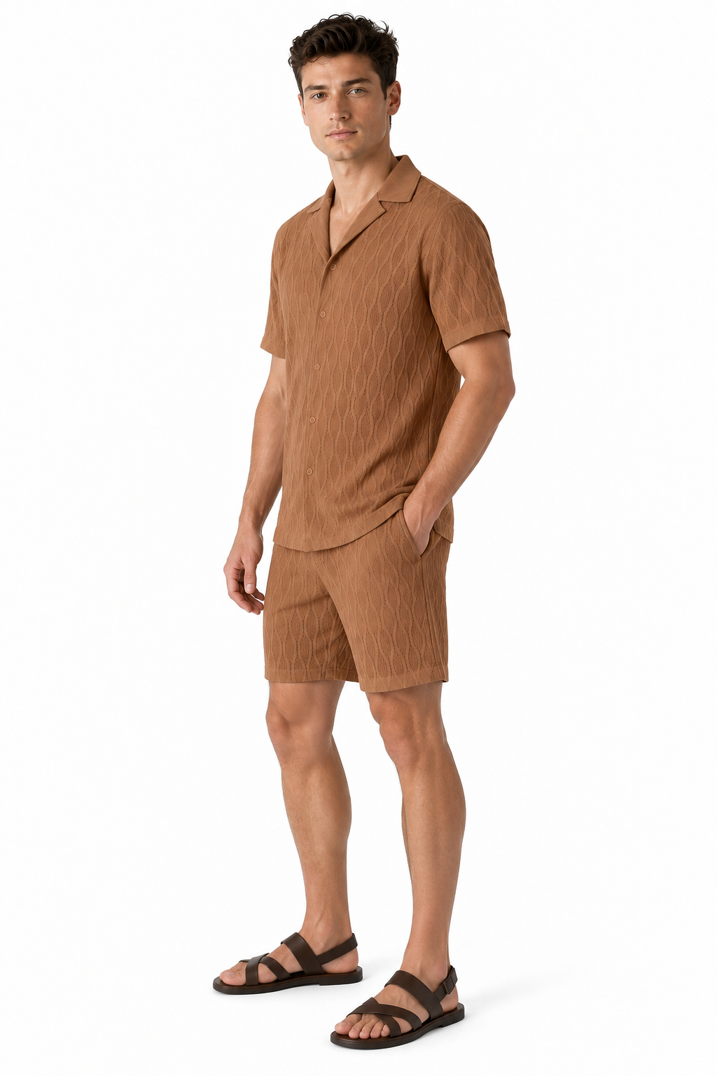 Men's Shorts Set Textured Fabric Camp Collar | Glitz & Fashion