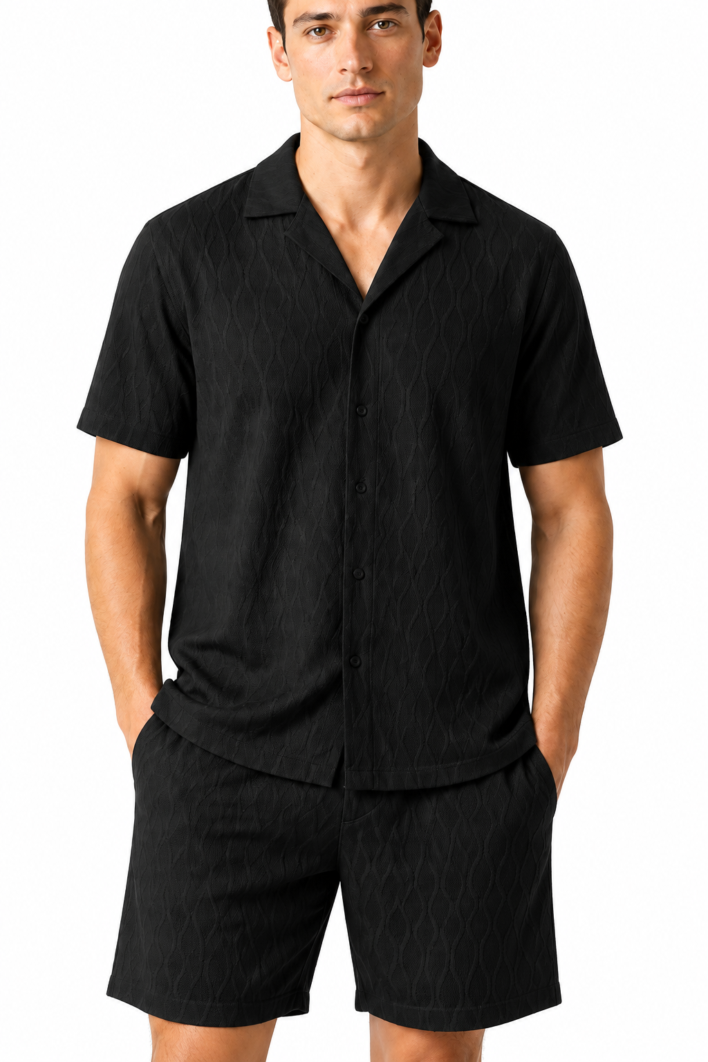 Men's Shorts Set Textured Fabric Camp Collar | Glitz & Fashion