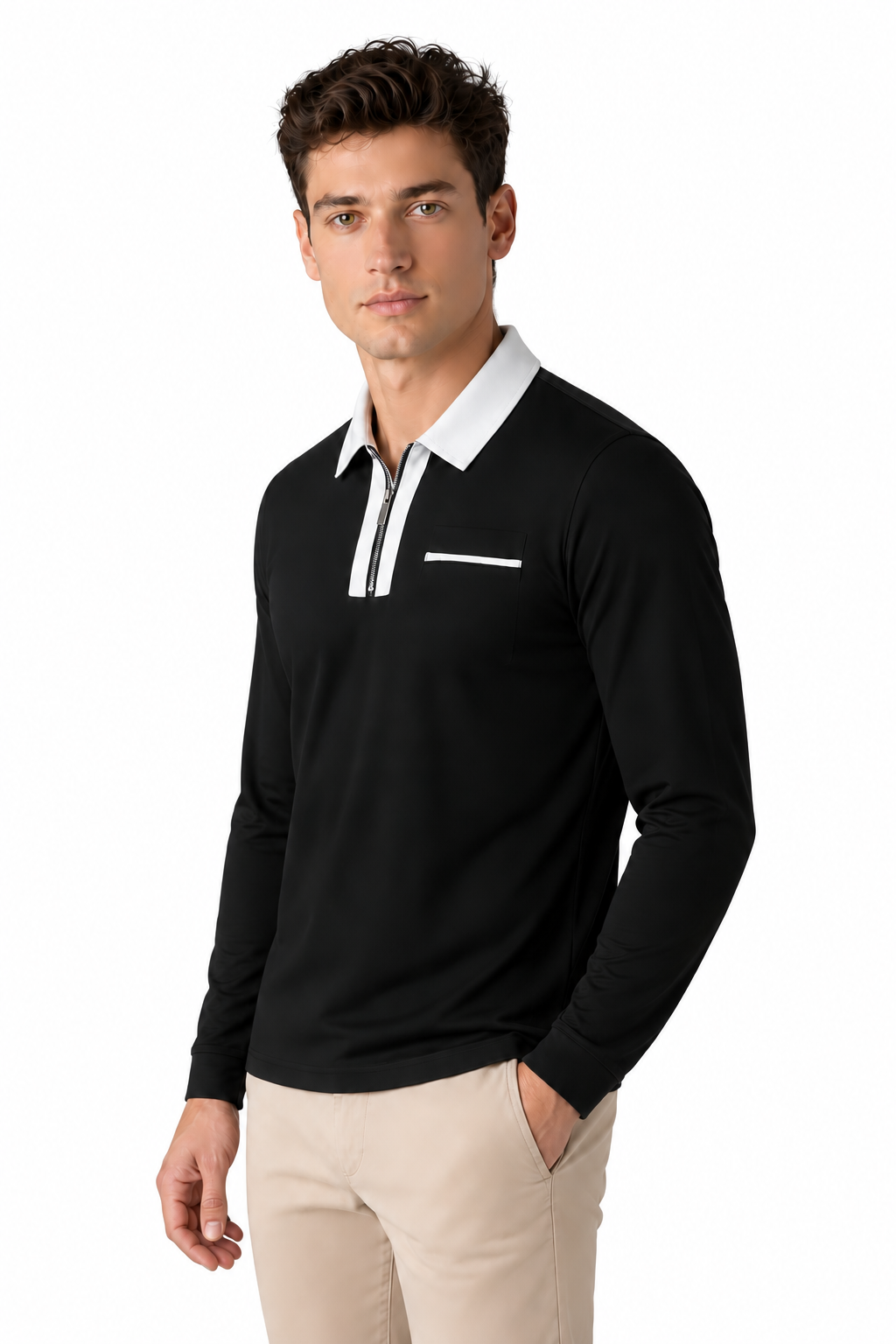 Men's Polo Shirt Contrast Collar Full Zip | Glitz & Fashion