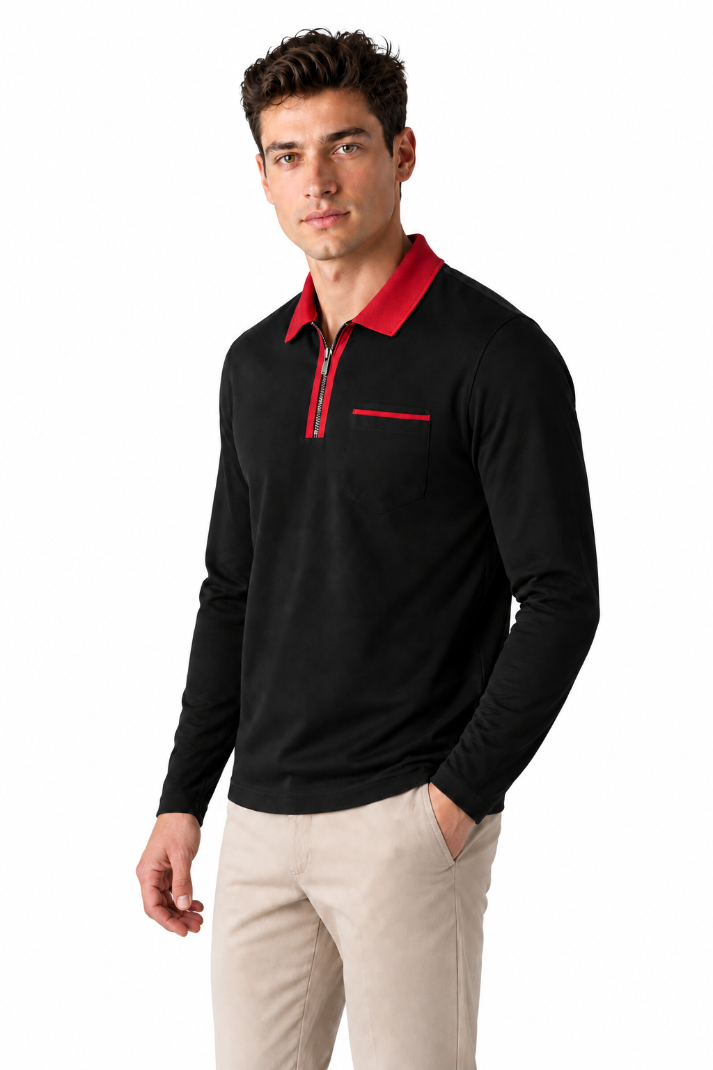 Men's Polo Shirt Contrast Collar Full Zip | Glitz & Fashion