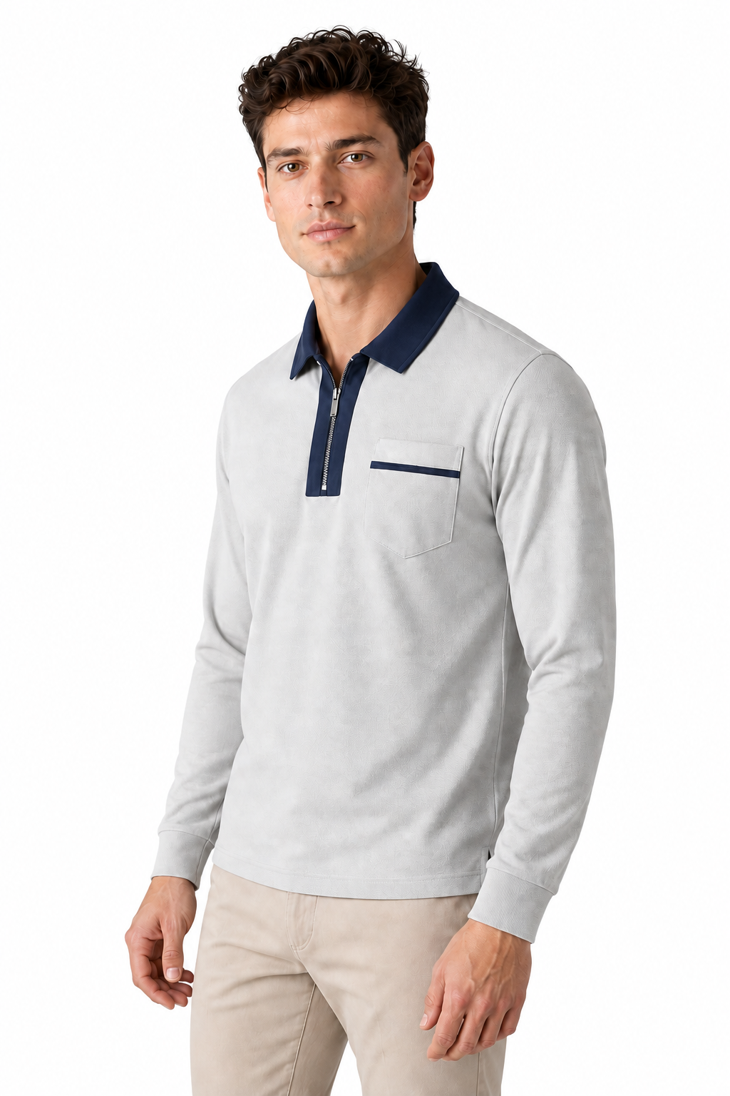 Men's Polo Shirt Contrast Collar Full Zip | Glitz & Fashion
