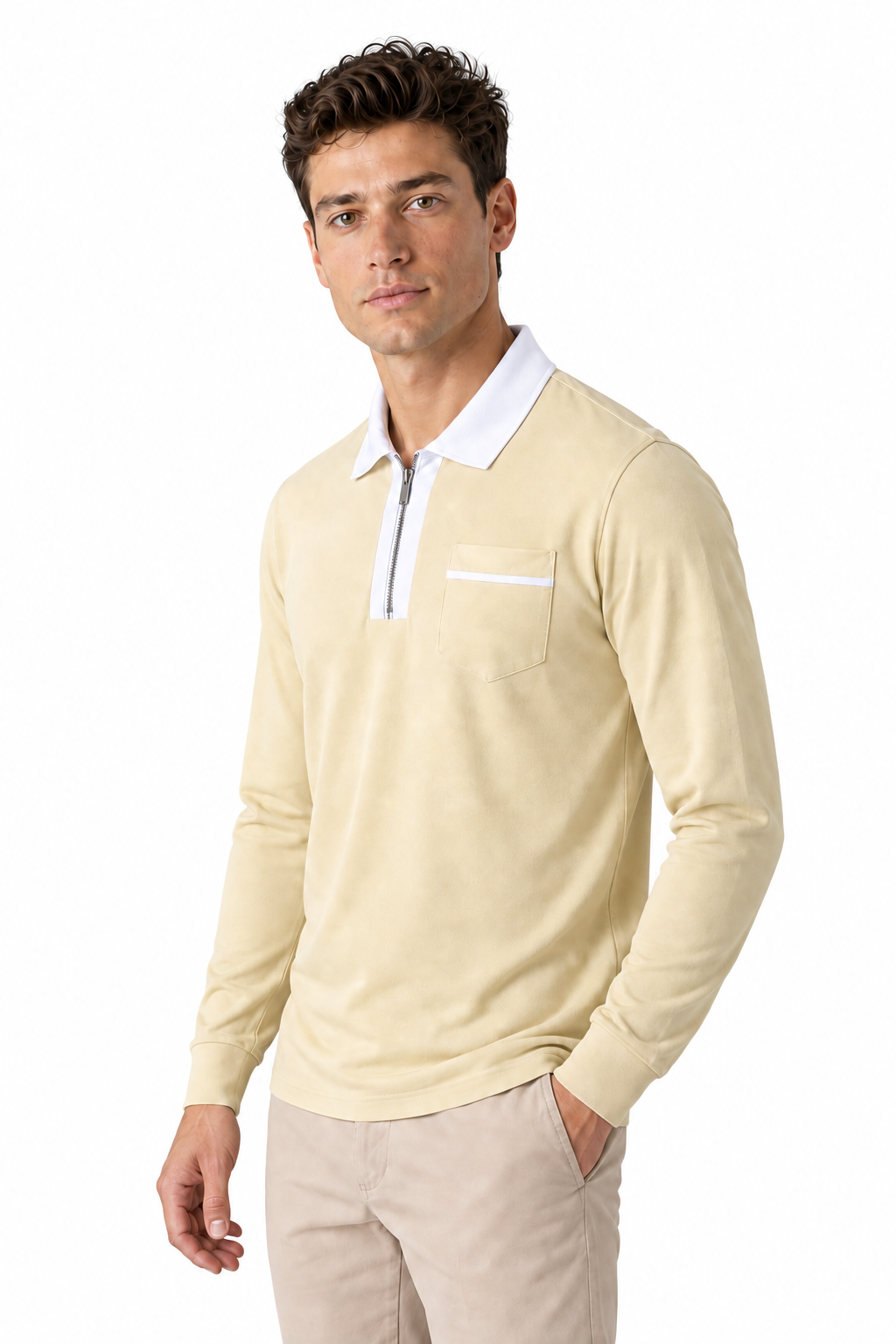 Men's Polo Shirt Contrast Collar Full Zip | Glitz & Fashion