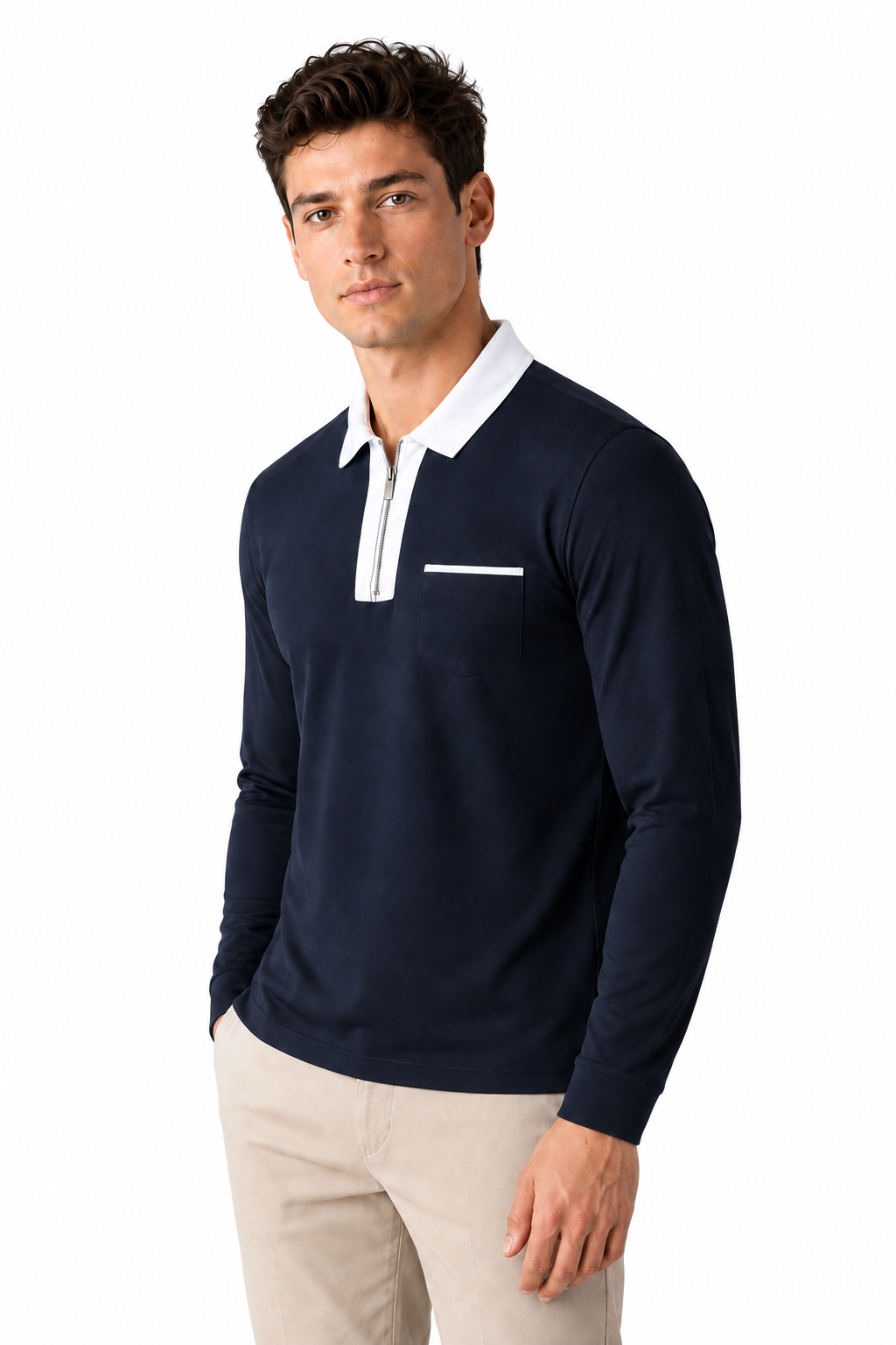Men's Polo Shirt Contrast Collar Full Zip | Glitz & Fashion