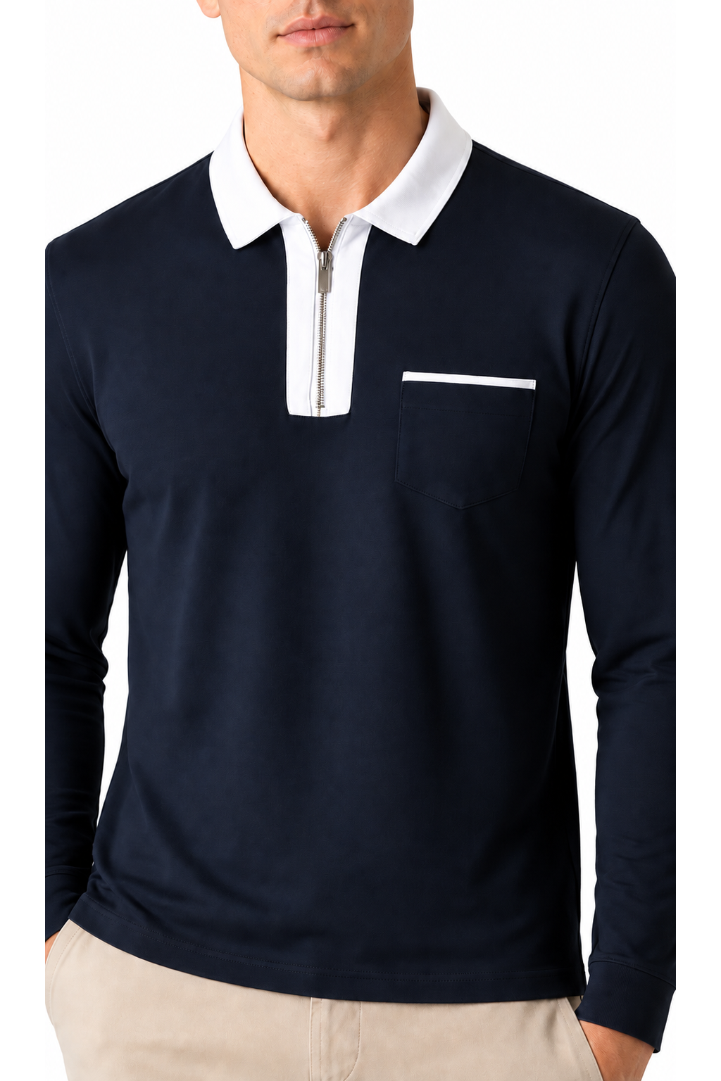 Men's Polo Shirt Contrast Collar Full Zip | Glitz & Fashion