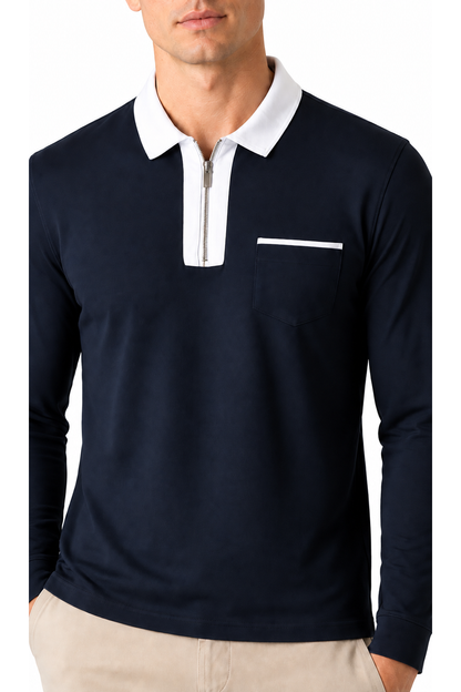 Men's Polo Shirt Contrast Collar Full Zip | Glitz & Fashion