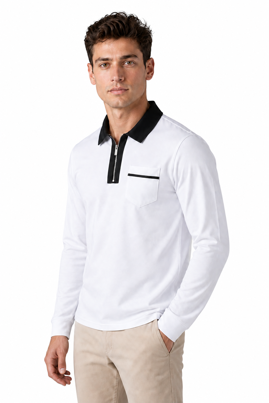 Men's Polo Shirt Contrast Collar Full Zip | Glitz & Fashion