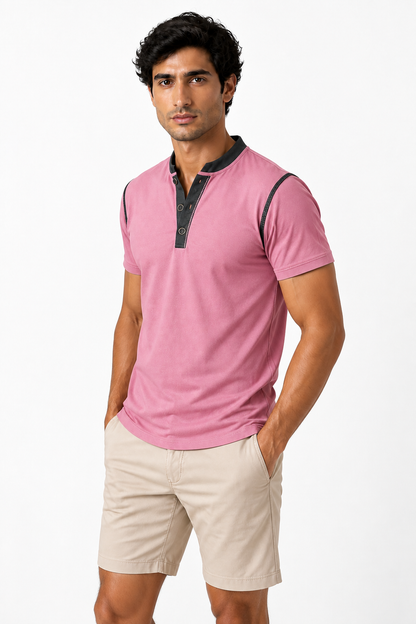 Men's Henley Shirt Contrast Trim Short Sleeves | Glitz & Fashion