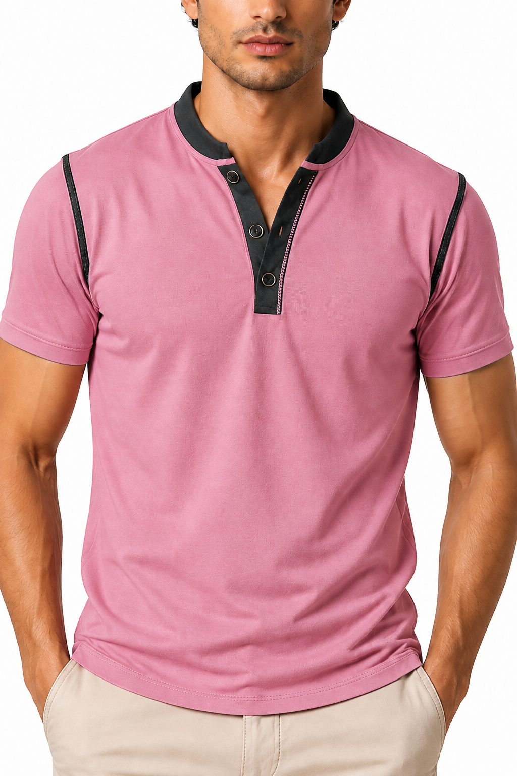 Men's Henley Shirt Contrast Trim Short Sleeves | Glitz & Fashion