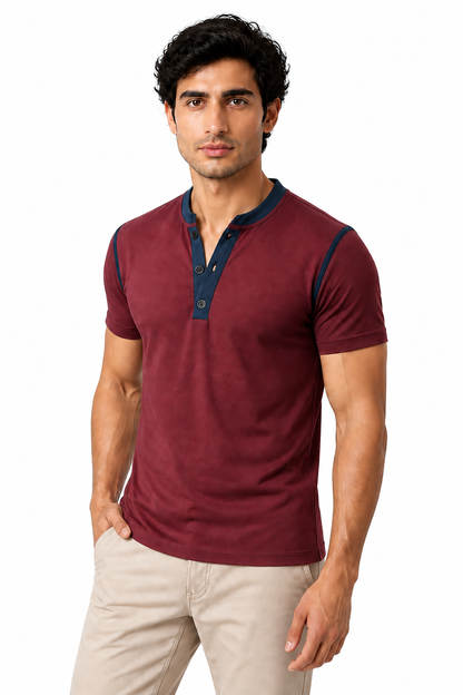 Men's Henley Shirt Contrast Trim Short Sleeves | Glitz & Fashion