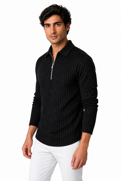 Men's Polo Sweater Striped Knit Half Zip | Glitz & Fashion
