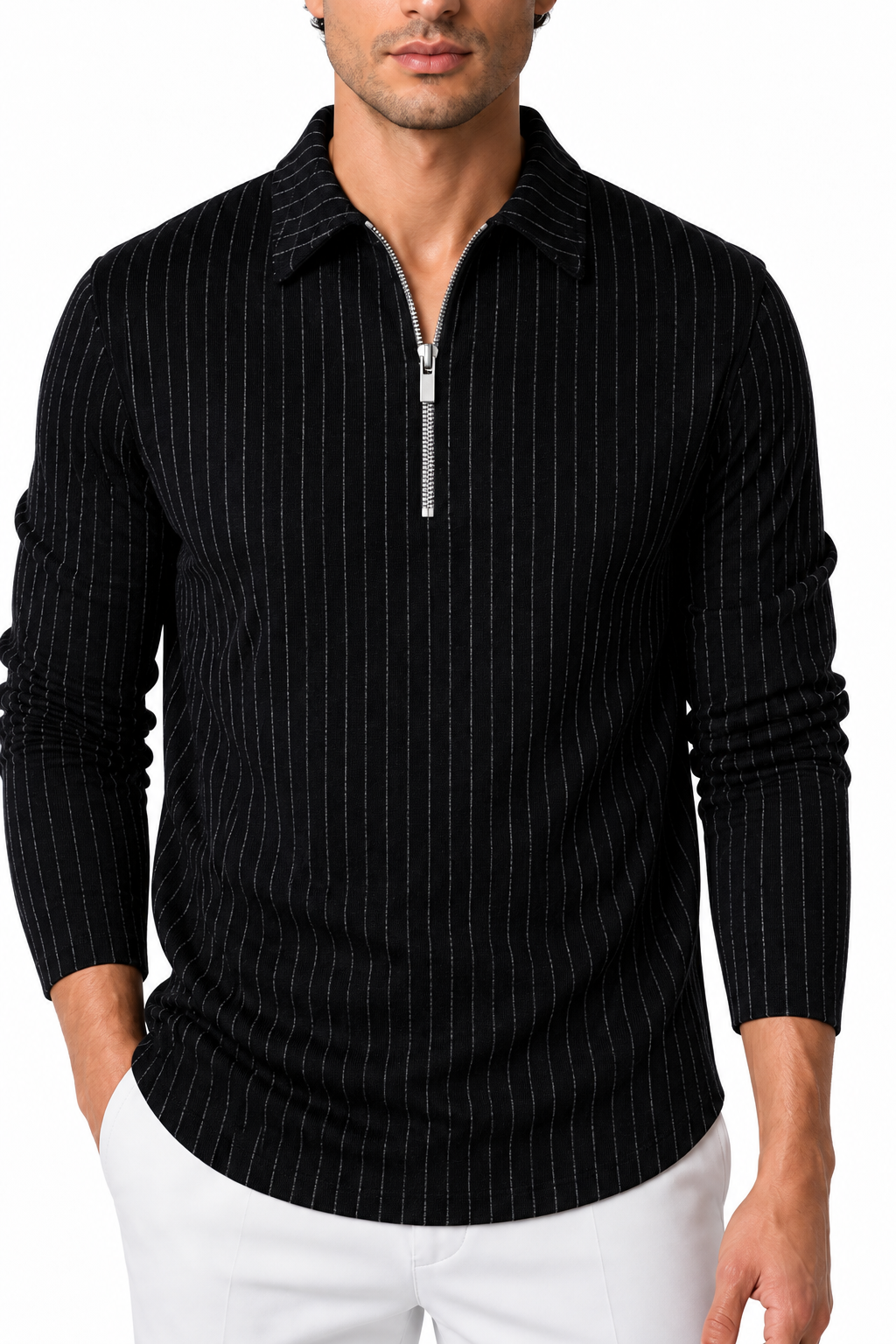 Men's Polo Sweater Striped Knit Half Zip | Glitz & Fashion