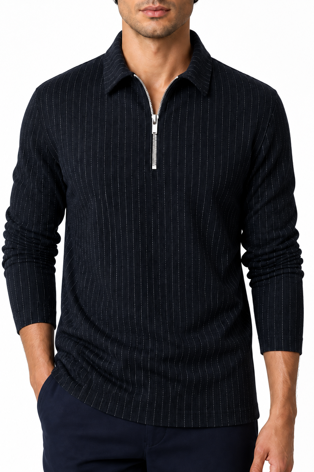 Men's Polo Sweater Striped Knit Half Zip | Glitz & Fashion