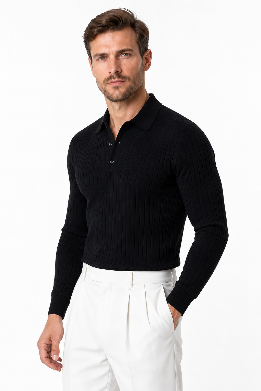 Men's Knit Polo Ribbed Texture Long Sleeves | Glitz & Fashion