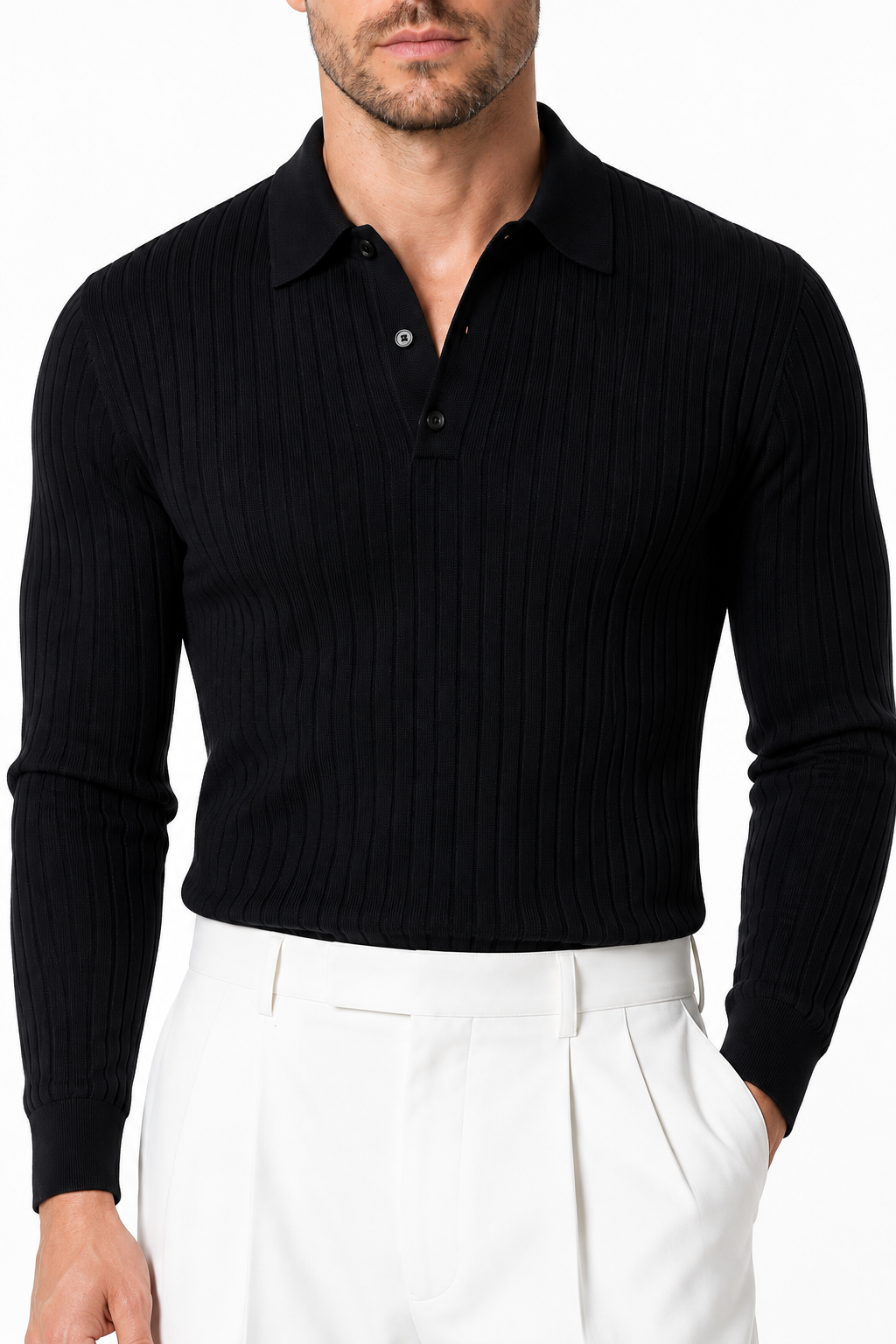 Men's Knit Polo Ribbed Texture Long Sleeves | Glitz & Fashion