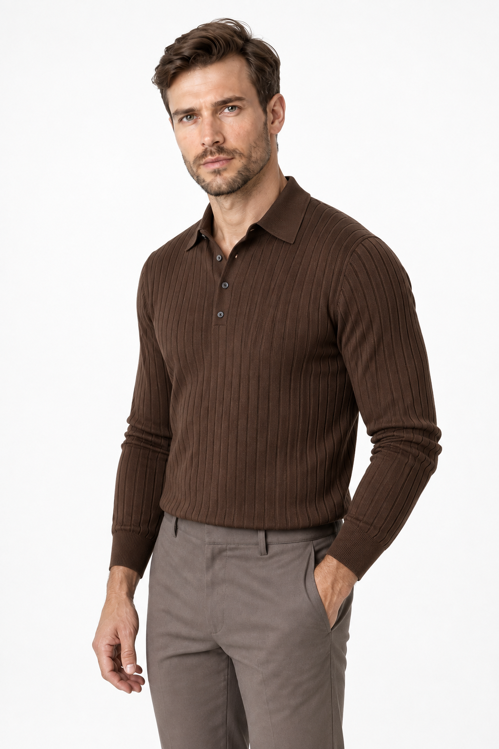 Men's Knit Polo Ribbed Texture Long Sleeves | Glitz & Fashion