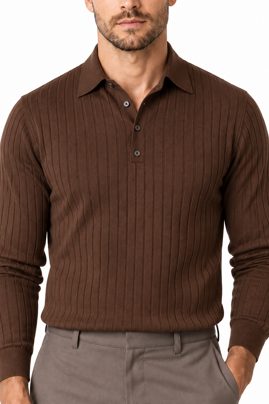 Men's Knit Polo Ribbed Texture Long Sleeves | Glitz & Fashion