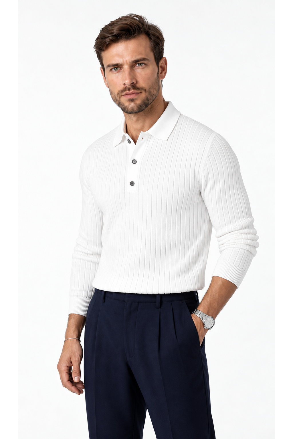 Men's Knit Polo Ribbed Texture Long Sleeves | Glitz & Fashion