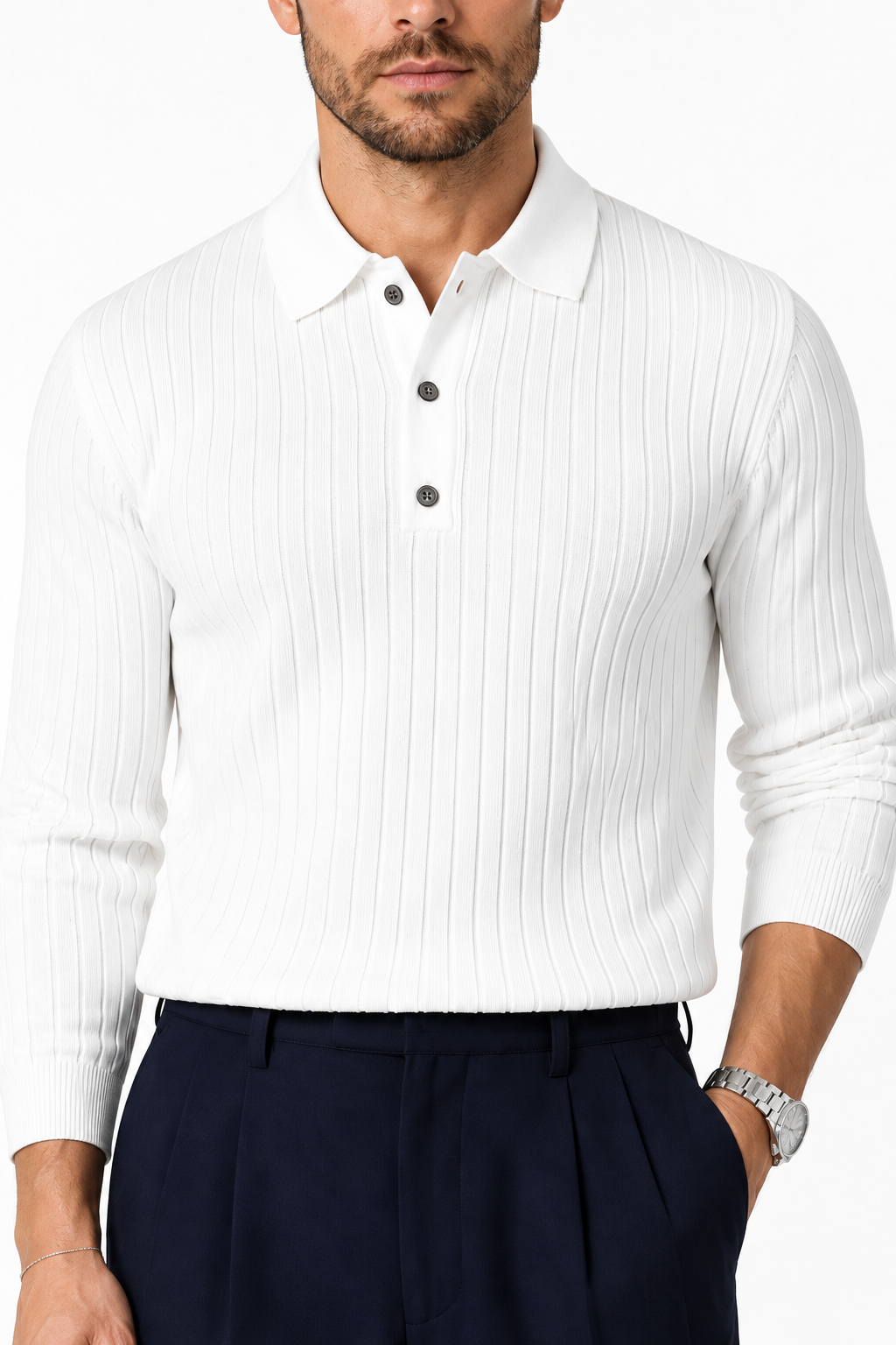 Men's Knit Polo Ribbed Texture Long Sleeves | Glitz & Fashion