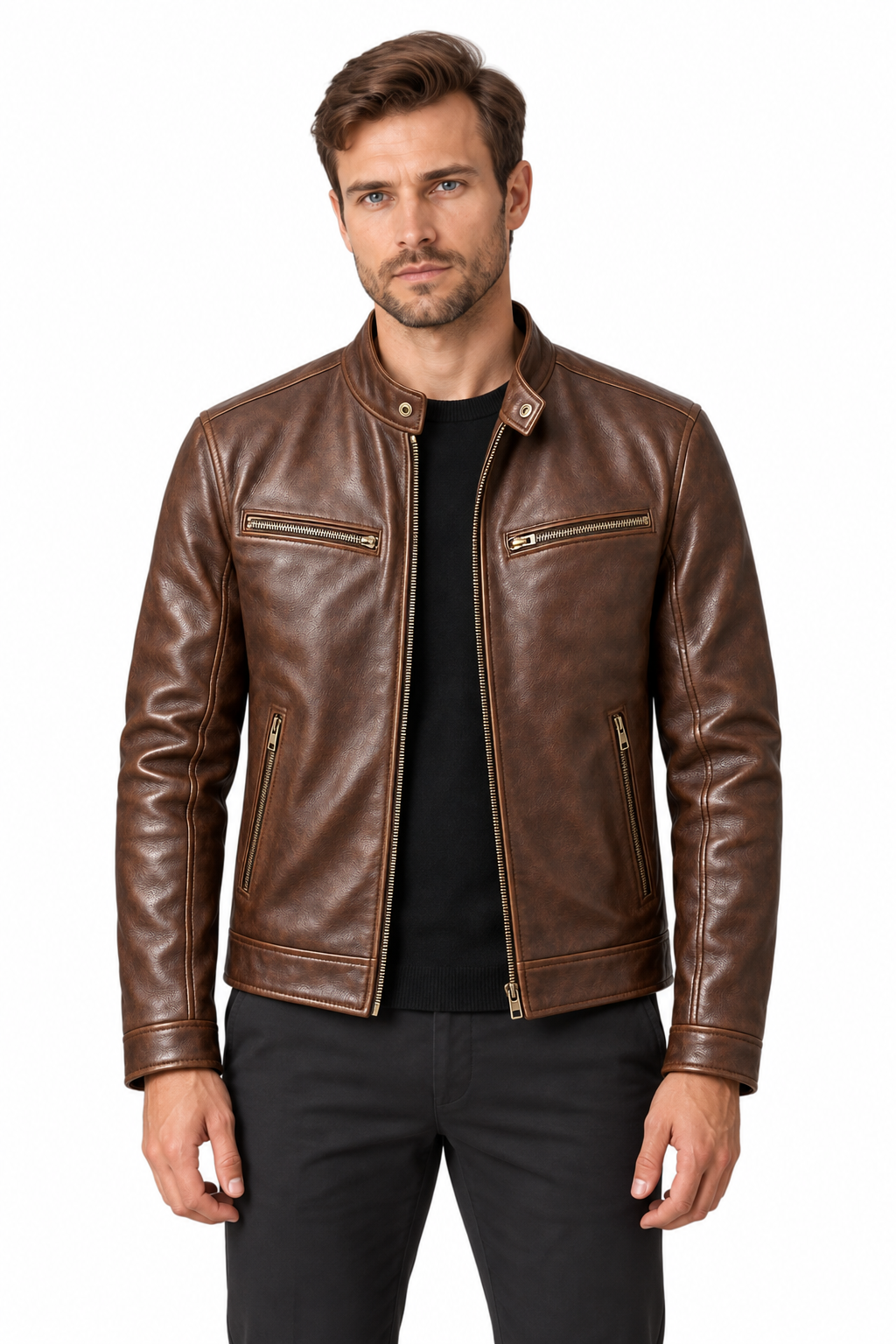Men's Leather Jacket Vintage Finish Four-Pocket Design | Glitz & Fashion