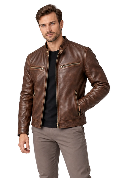 Men's Leather Jacket Vintage Finish Four-Pocket Design | Glitz & Fashion