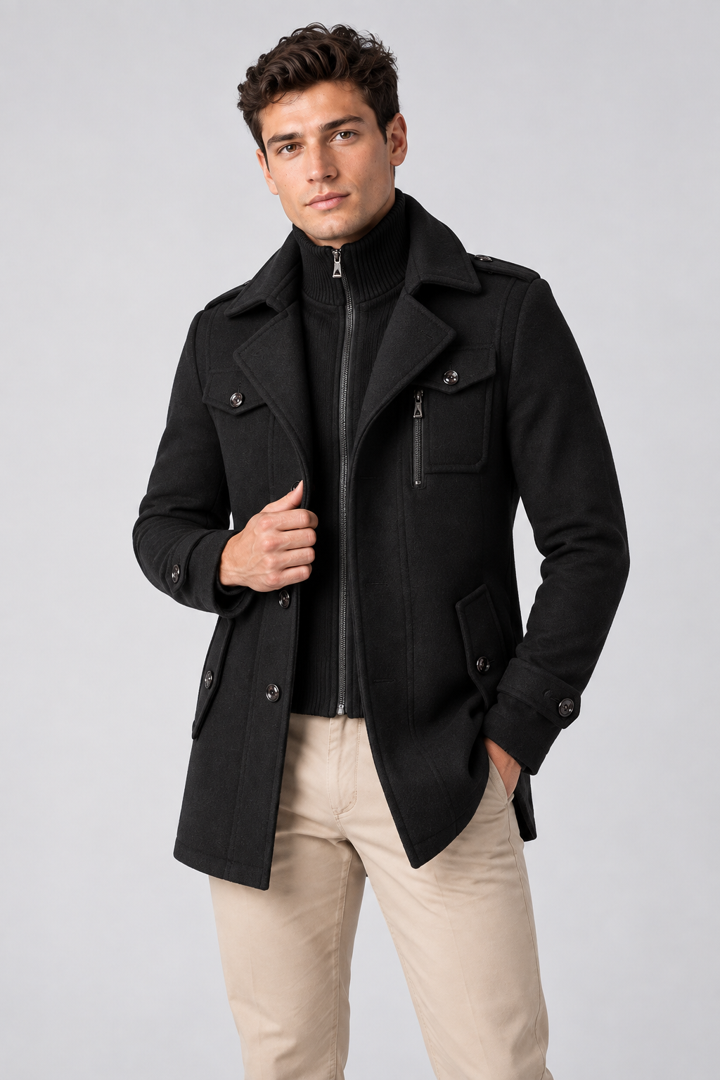 Men's Wool-Blend Coat Layered Collar Tailored Fit | Glitz & Fashion