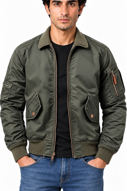 Men's Utility Bomber Jacket Ribbed Trim | Glitz & Fashion