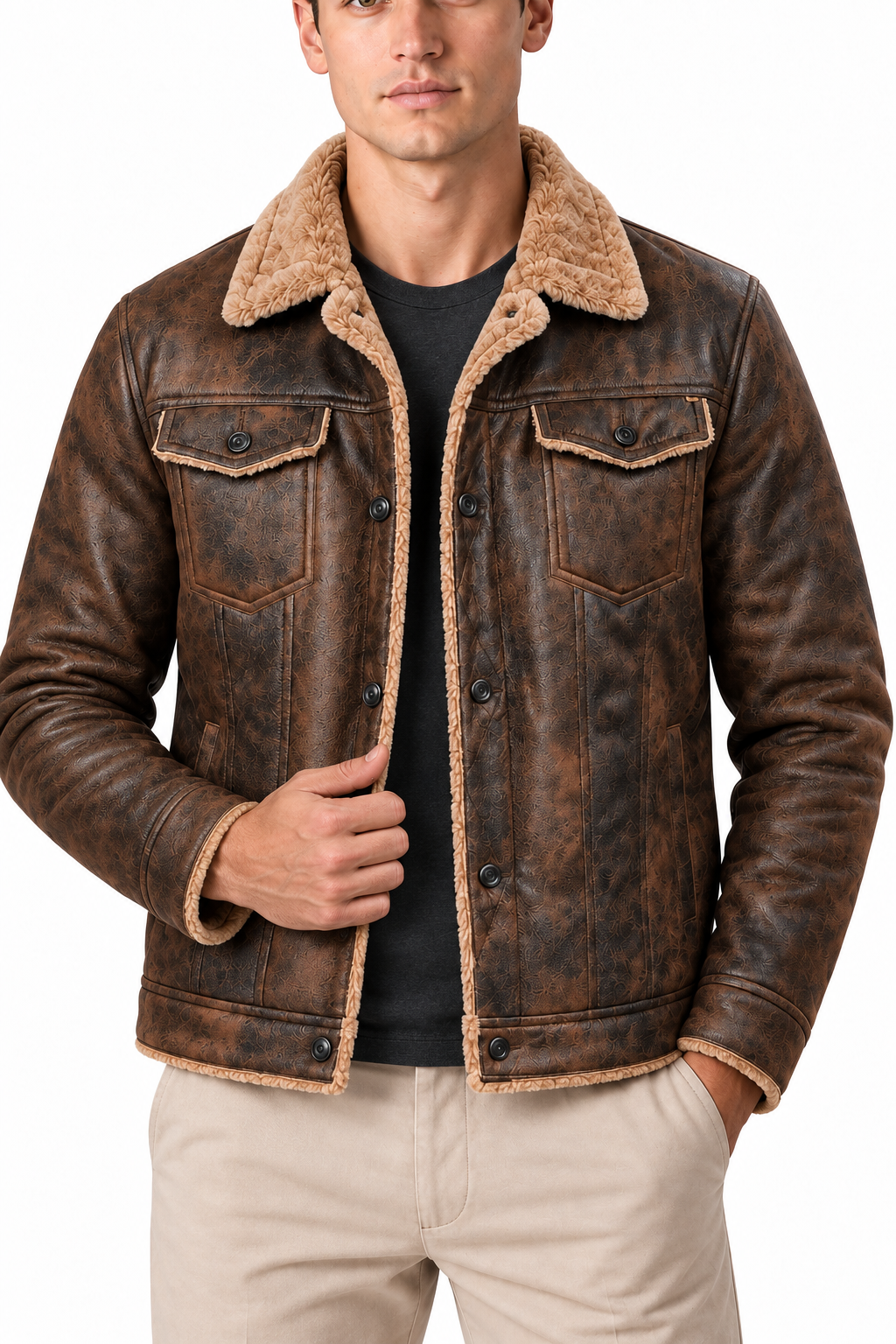 Men's Fleece-Lined Leather Trucker Jacket | Glitz & Fashion