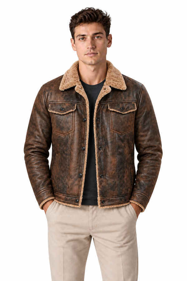 Men's Fleece-Lined Leather Trucker Jacket | Glitz & Fashion