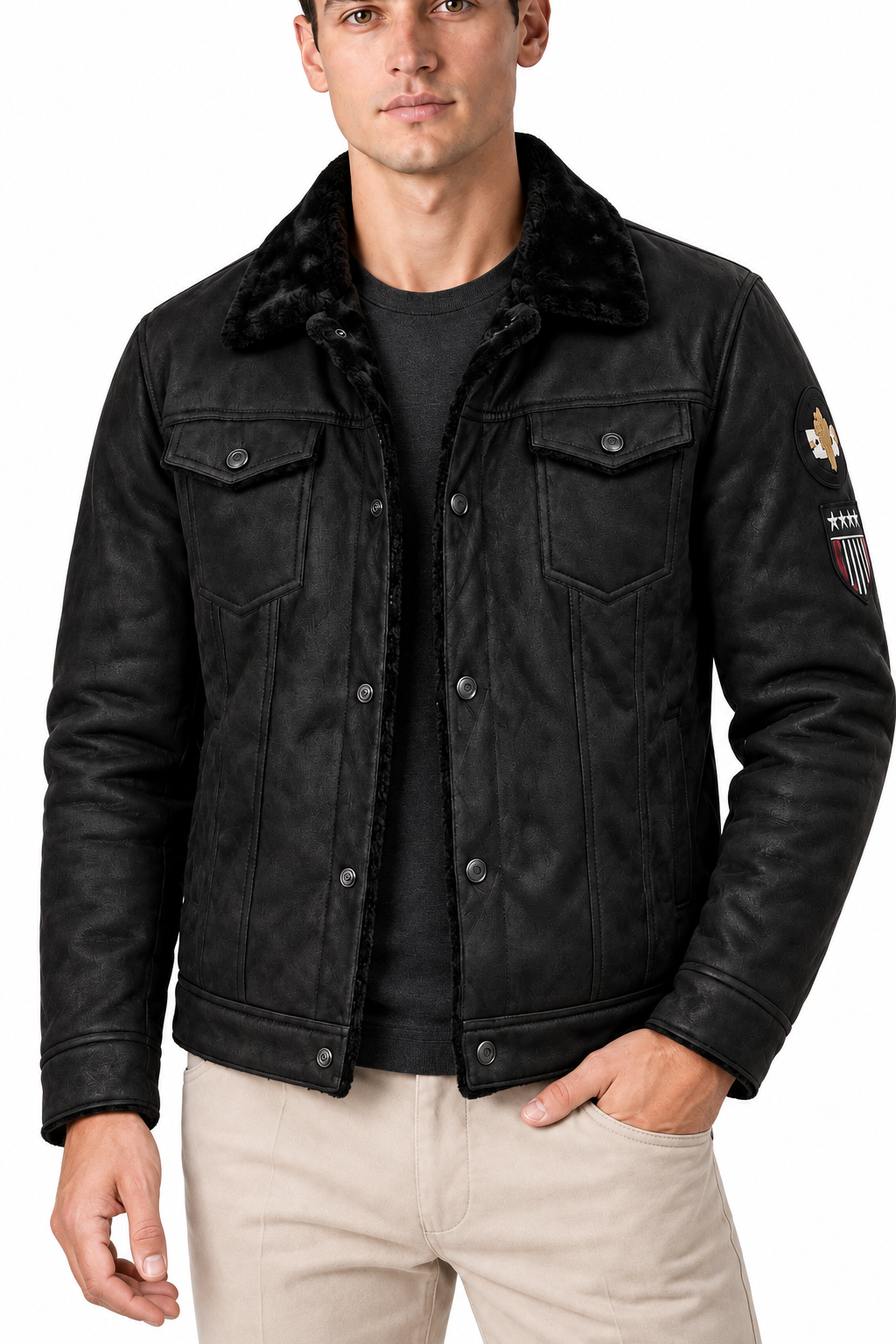 Men's Fleece-Lined Leather Trucker Jacket | Glitz & Fashion