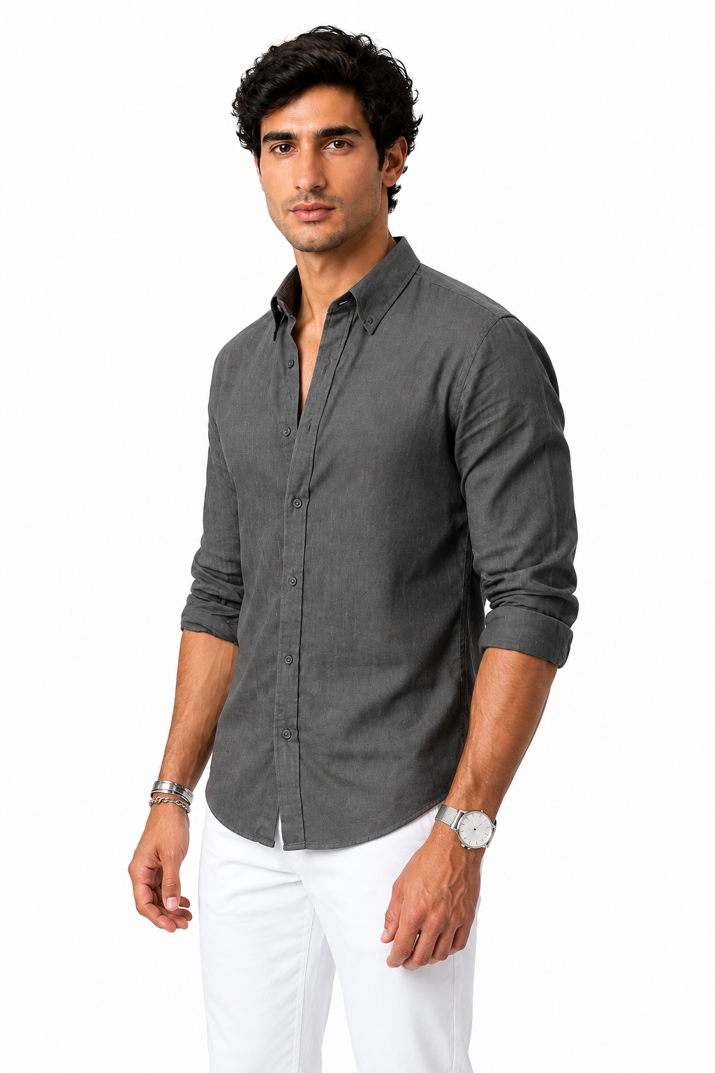 Men's Shirt Cotton-Linen Blend Roll-Up Sleeves | Glitz & Fashion