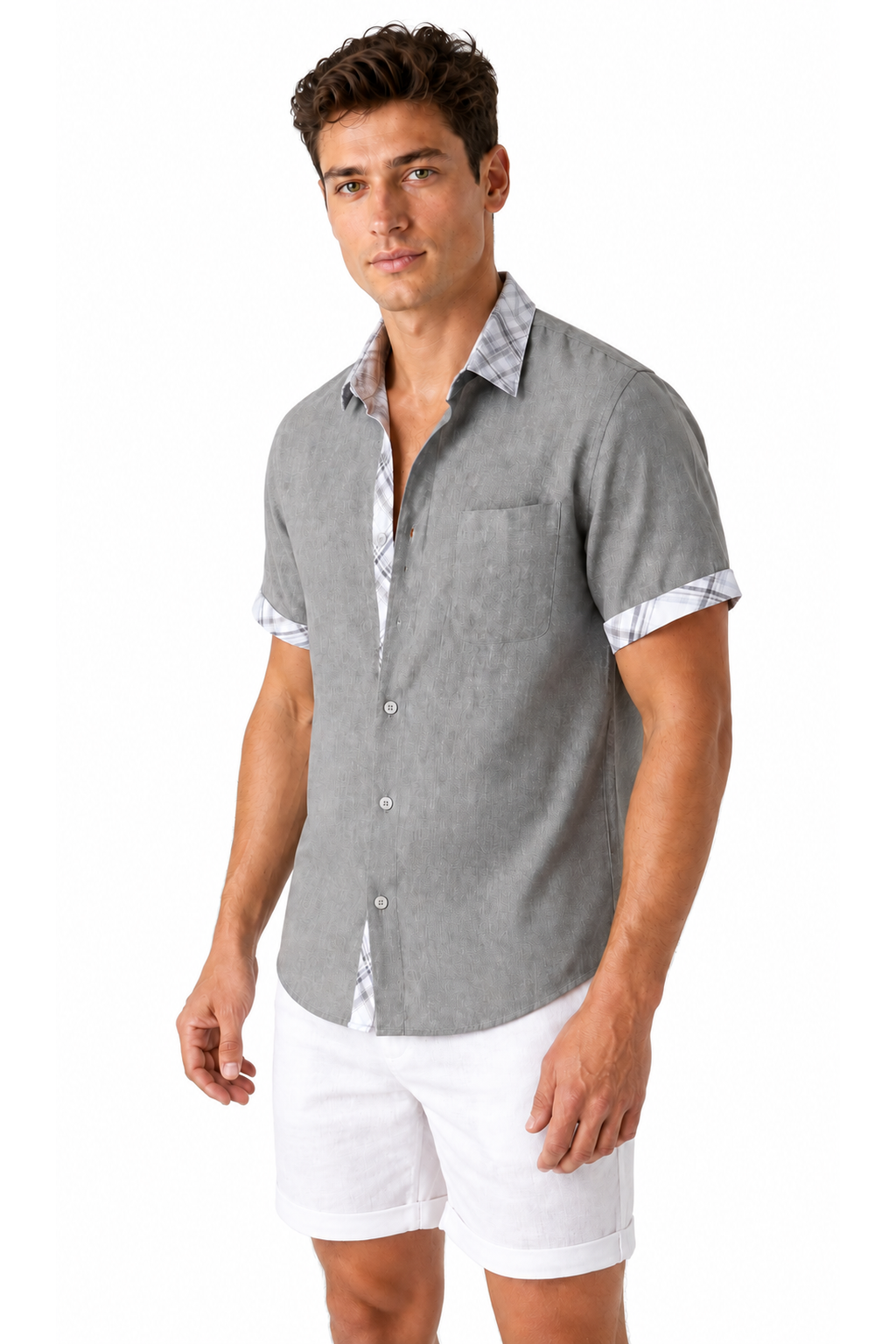 Men's Shirt Plaid Trim Short Sleeves | Glitz & Fashion