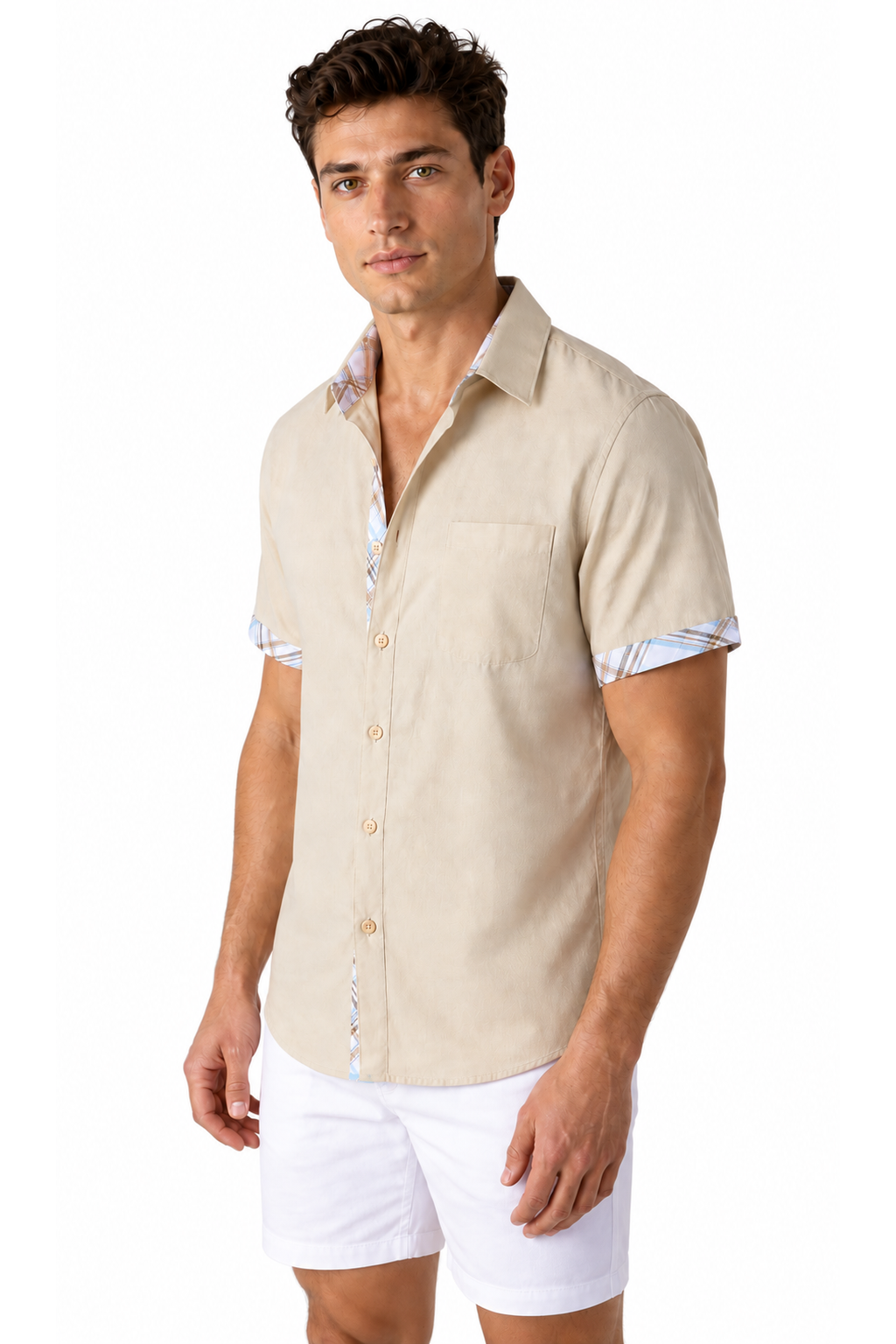 Men's Shirt Plaid Trim Short Sleeves | Glitz & Fashion