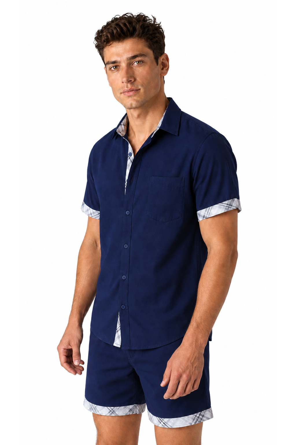 Men's Shirt Plaid Trim Short Sleeves | Glitz & Fashion