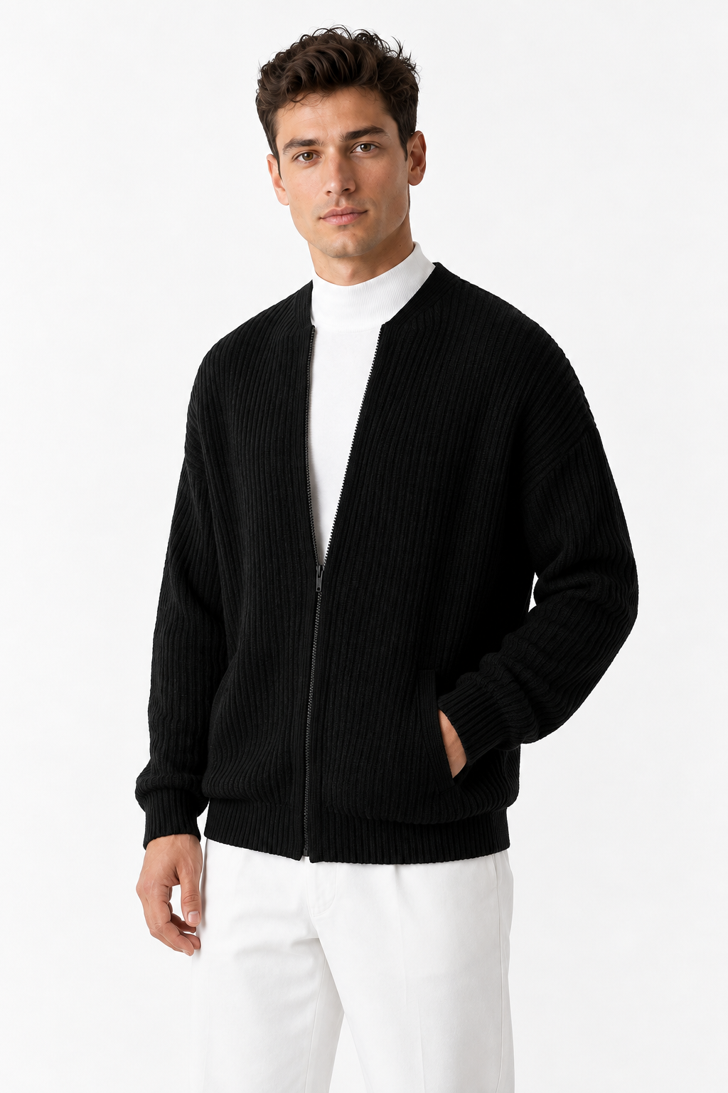 Men's Zip Cardigan Waffle Knit Funnel Neck | Glitz & Fashion