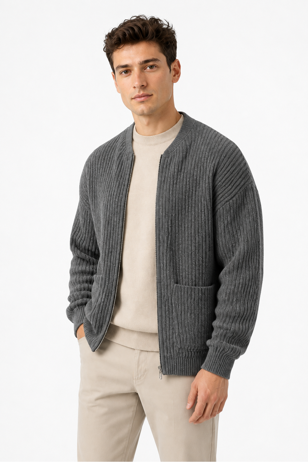 Men's Zip Cardigan Waffle Knit Funnel Neck | Glitz & Fashion